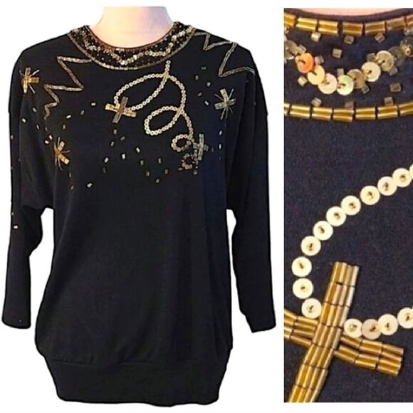 Vntg 80s Black Knit Gold Beaded Sequins Art Deco Pullover Knit Top Medium - Picture 1 of 16